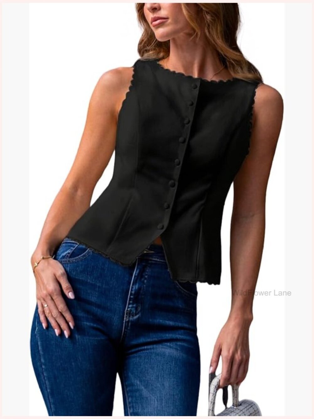 Women's Sleeveless Button Down Scoop Neck Tank Top Fitted Waist Bustier Vest